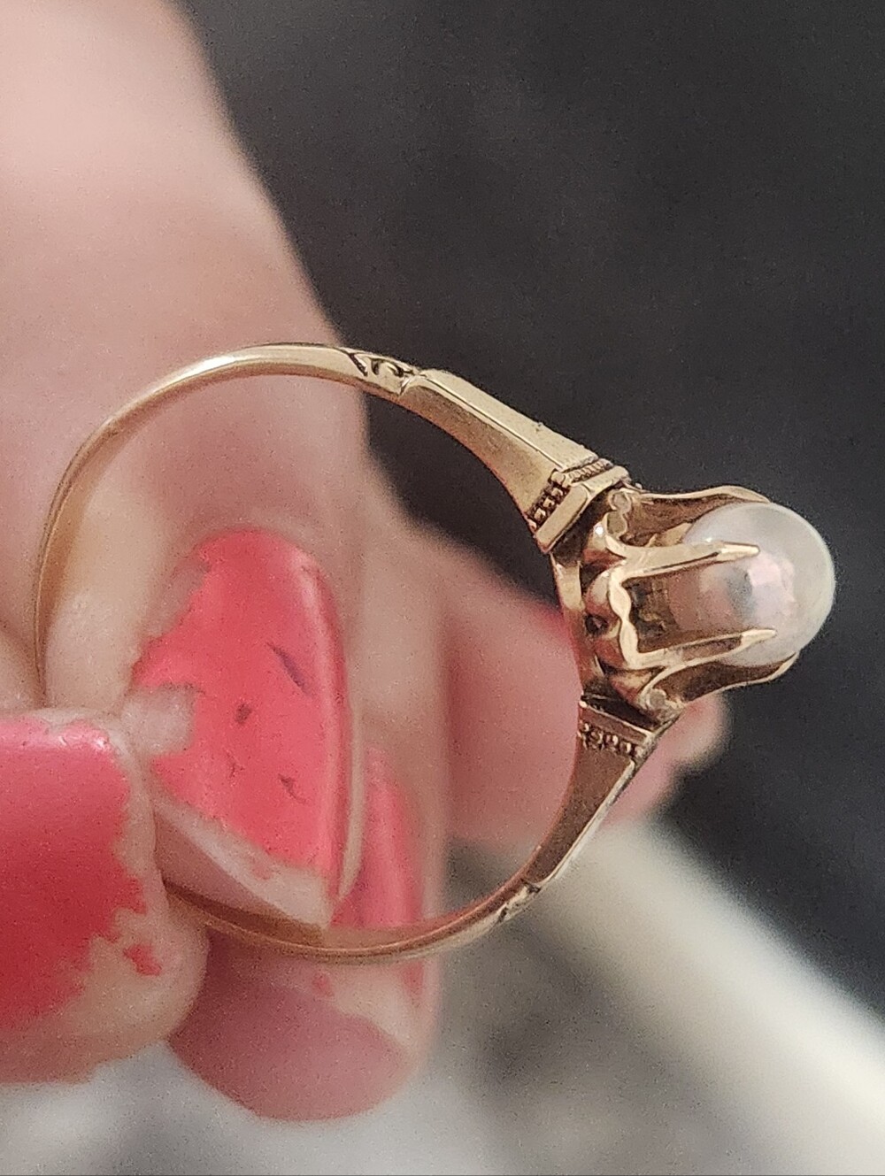Antique 14k ylw gold Edwardian 6-prong buttercup setting natural pearl ring